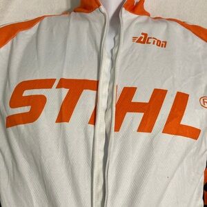 STIHL Orange and White cycling Jersey broken zipper :( .bibs XL full kit